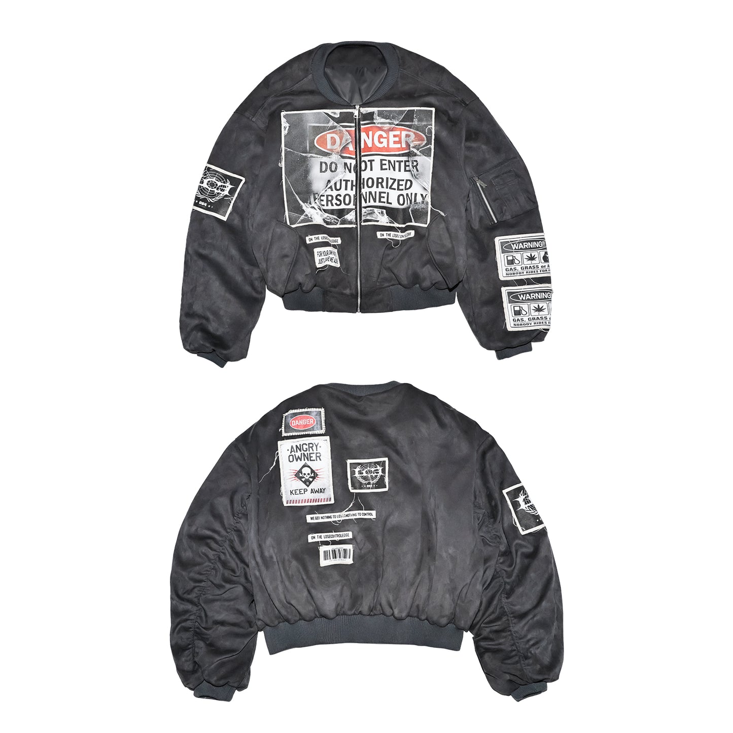 Gray-Blue suede Bomber Jacket with Warning Patches
