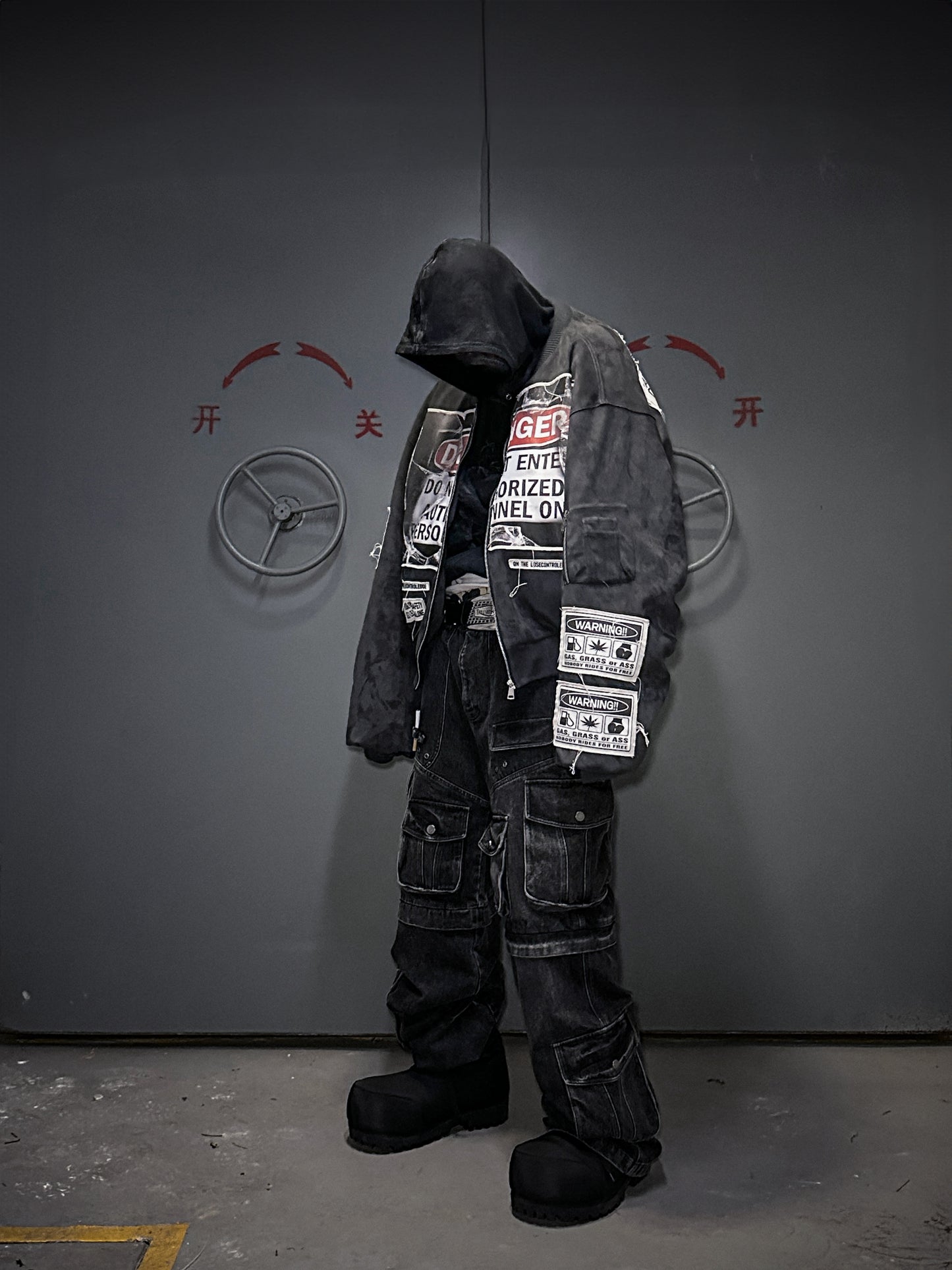 Gray-Blue suede Bomber Jacket with Warning Patches