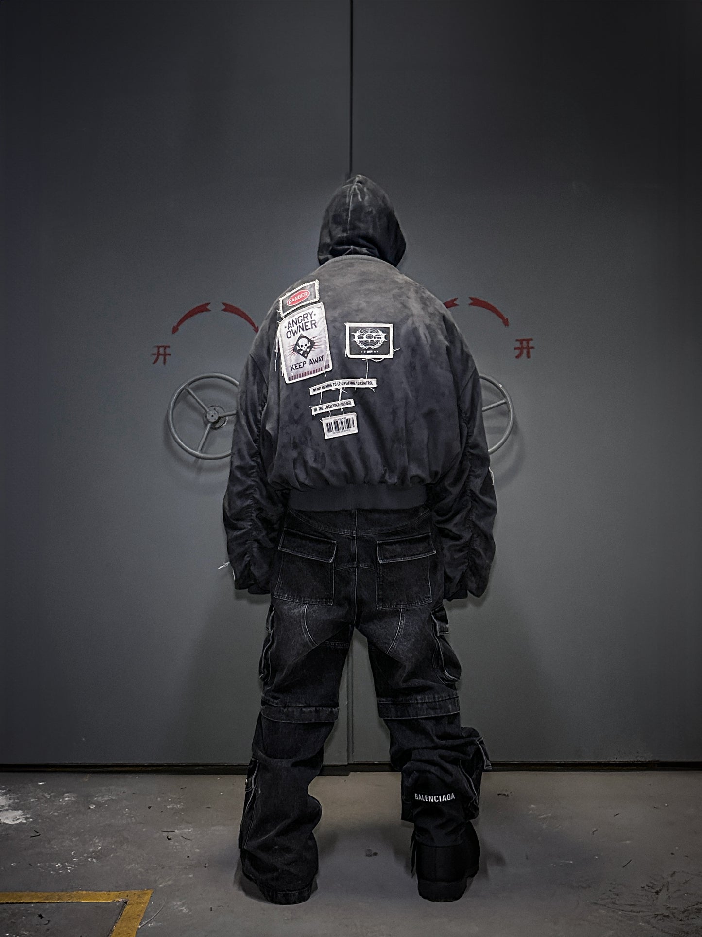 Gray-Blue suede Bomber Jacket with Warning Patches
