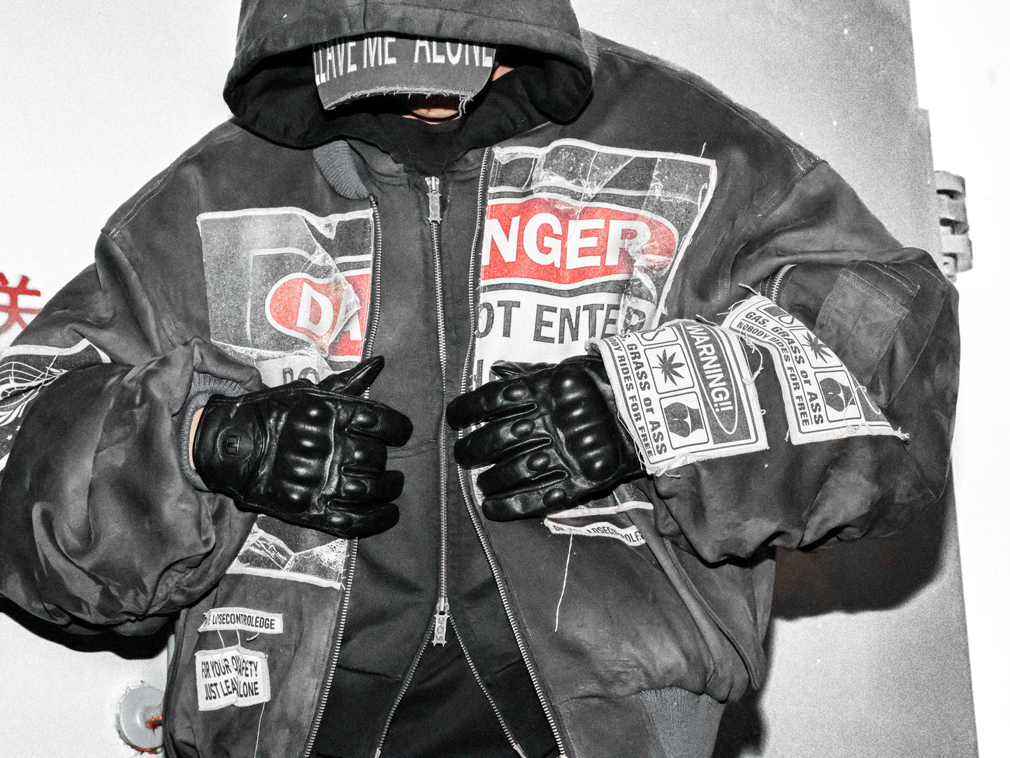 Gray-Blue suede Bomber Jacket with Warning Patches
