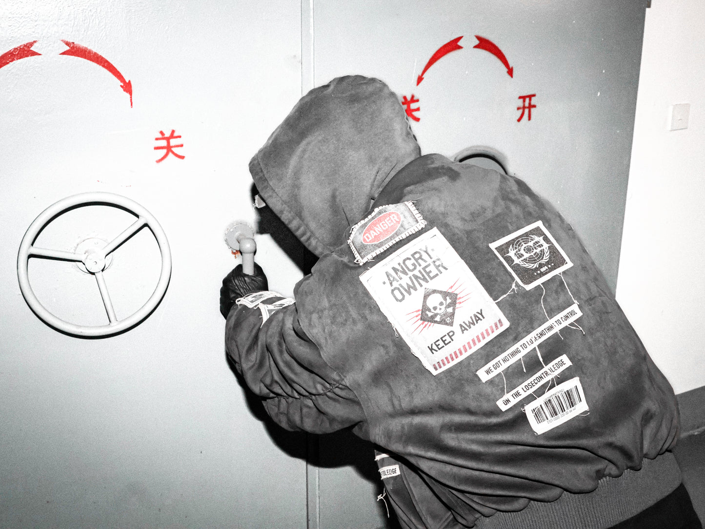 Gray-Blue suede Bomber Jacket with Warning Patches