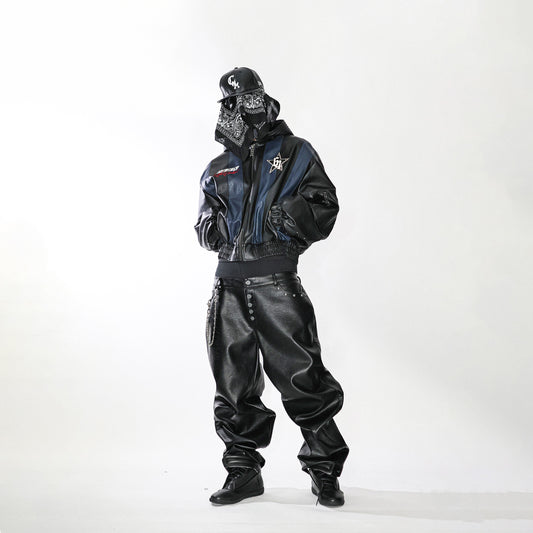 Black and blue striped hooded jacket