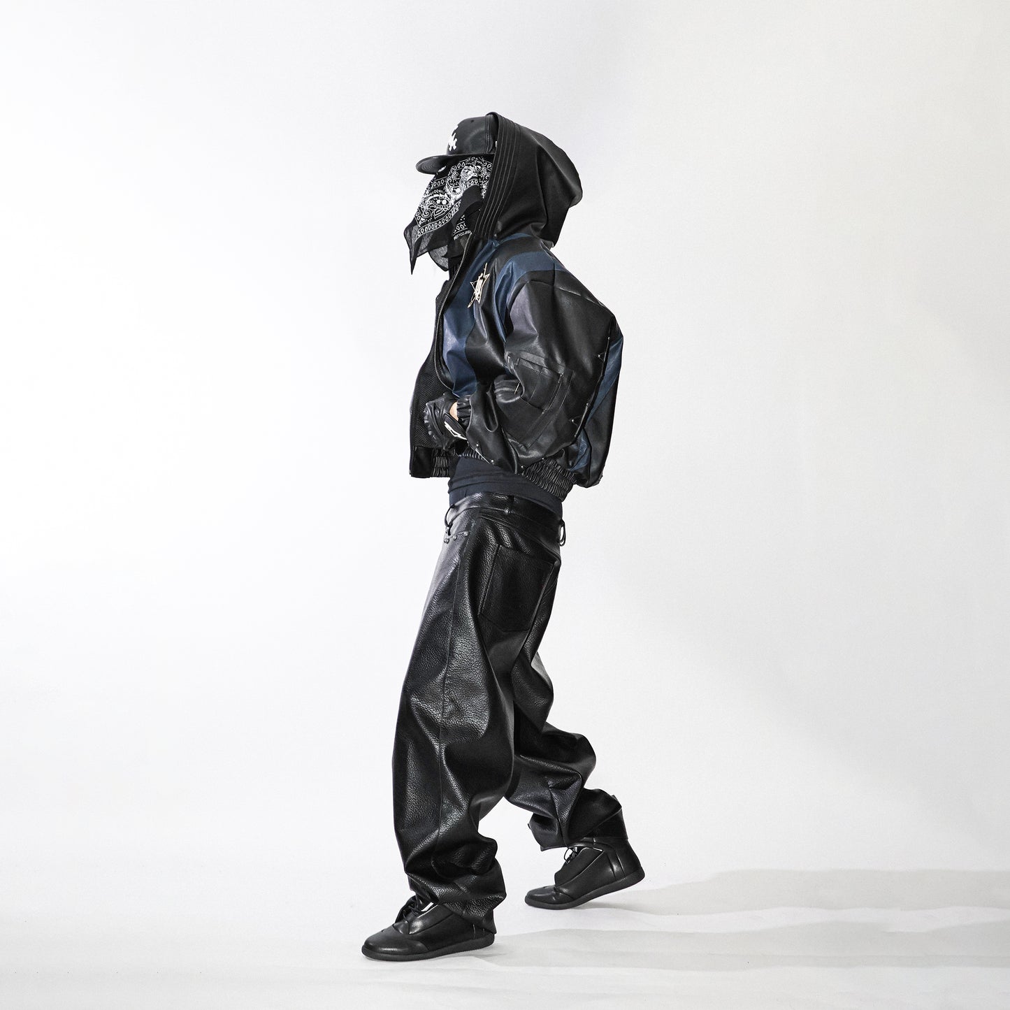 Black and blue striped hooded jacket