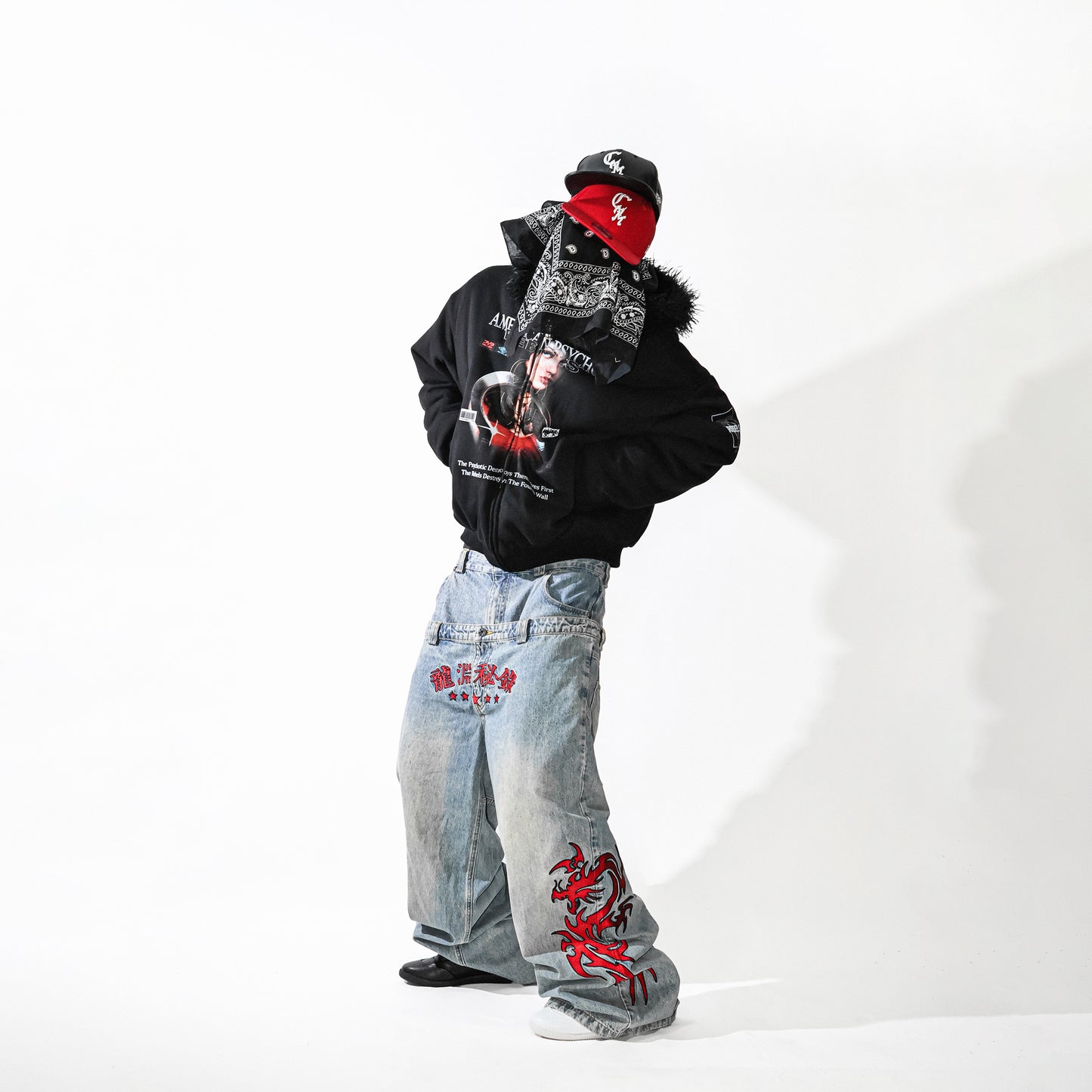 dragon motif embroidery jeans