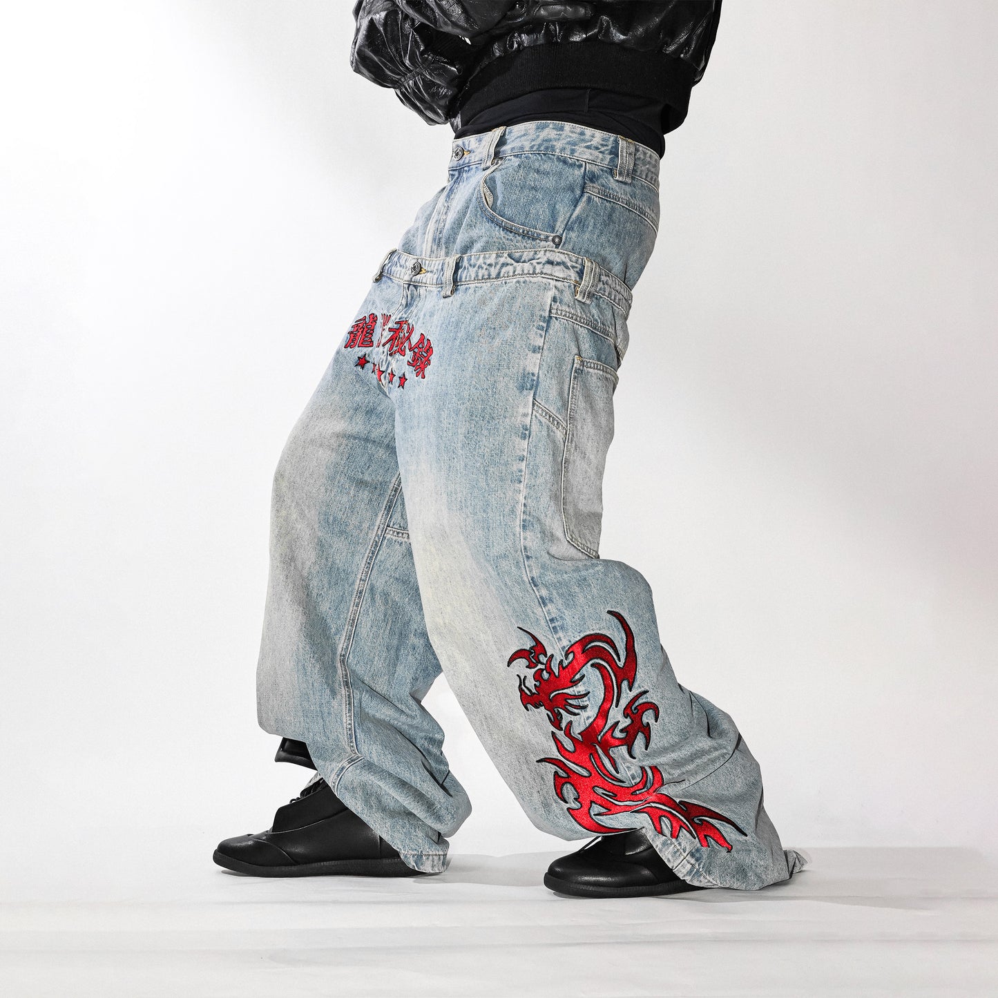 dragon motif embroidery jeans