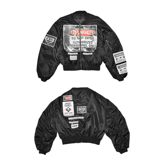 Warning Print Patches Bomber Jacket