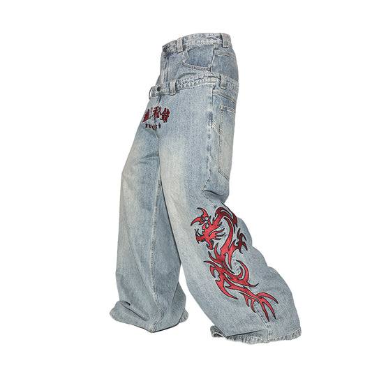 dragon motif embroidery jeans