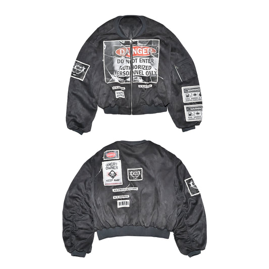 Gray-Blue suede Bomber Jacket with Warning Patches