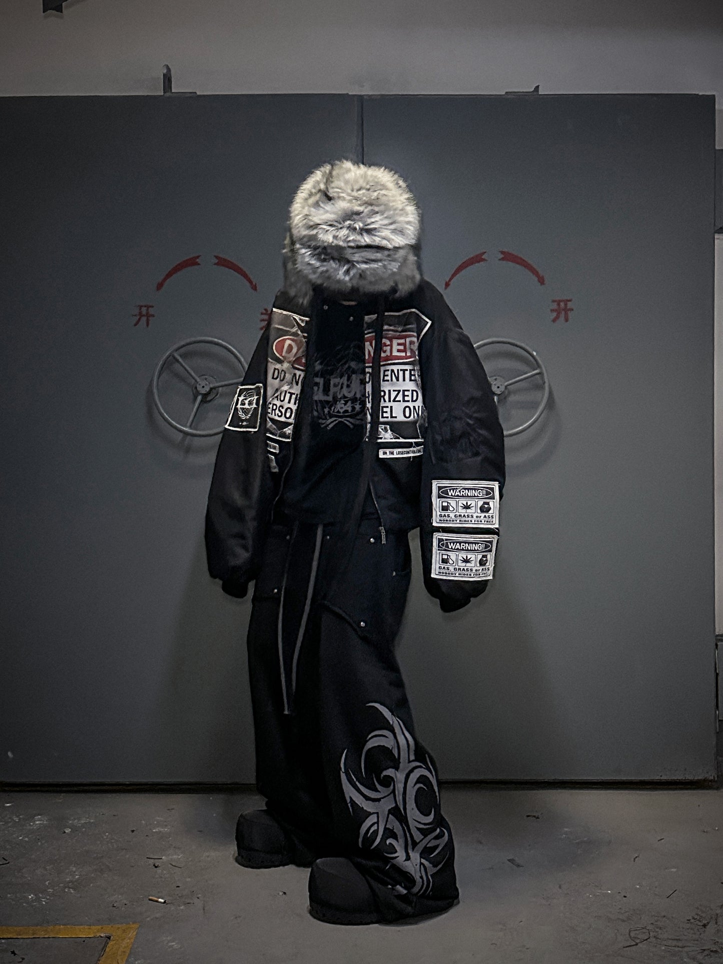 Warning Print Patches Bomber Jacket