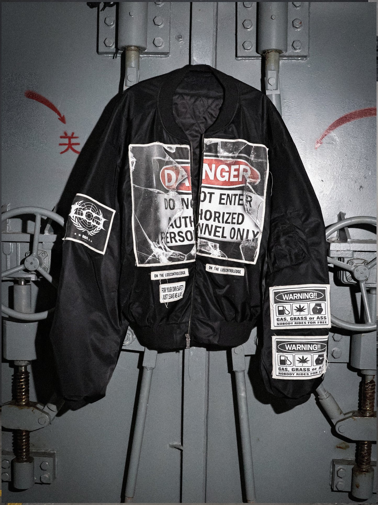 Warning Print Patches Bomber Jacket