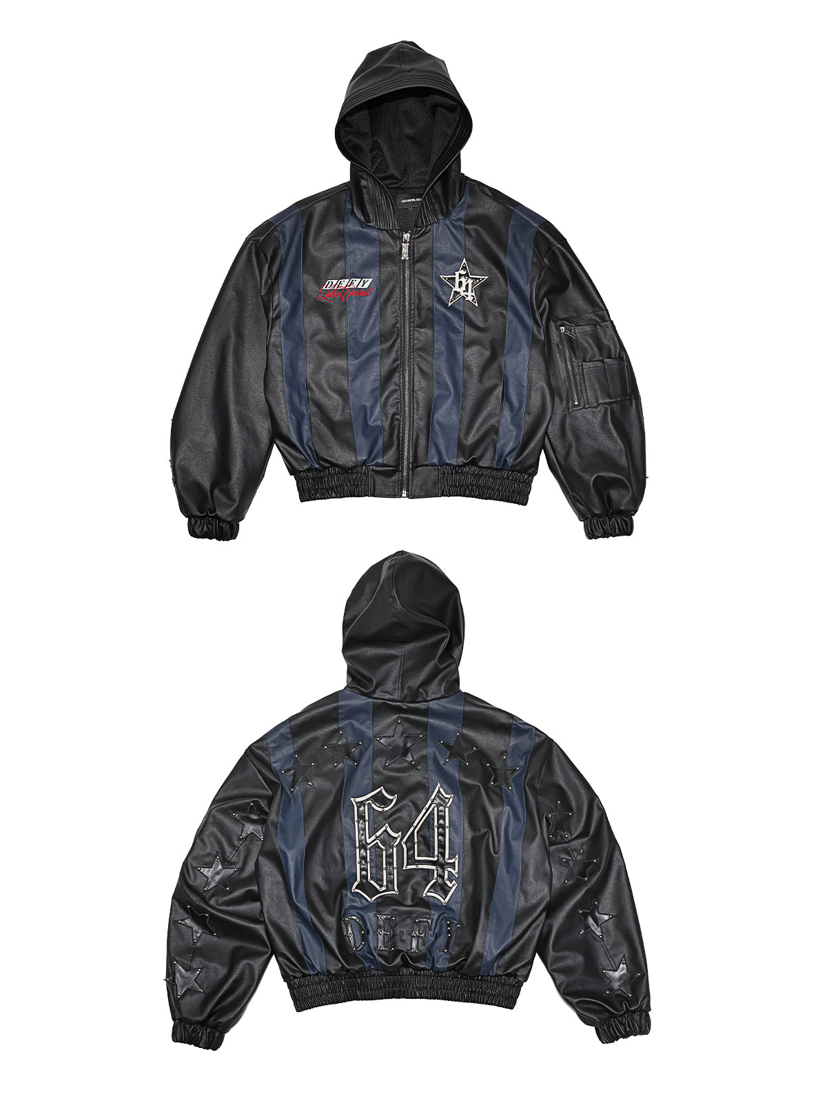 Black and blue striped hooded jacket