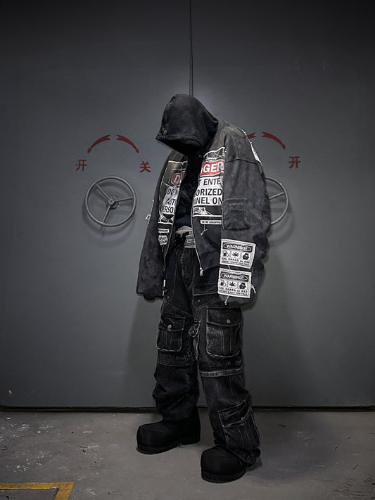 Gray-Blue suede Bomber Jacket with Warning Patches
